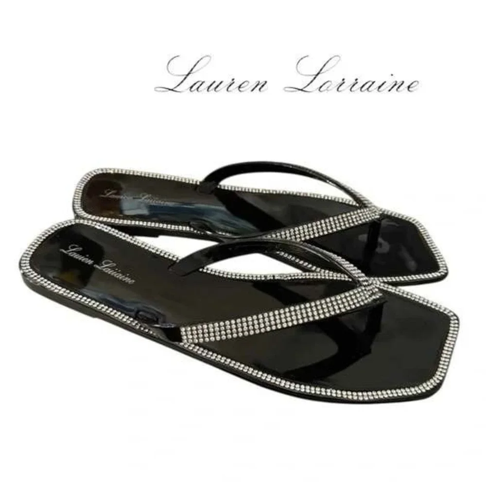 Lauren Lorraine Women's Black Rhinestone Thong Sandals‎ Shoes Sz 7.5/ #S2610
